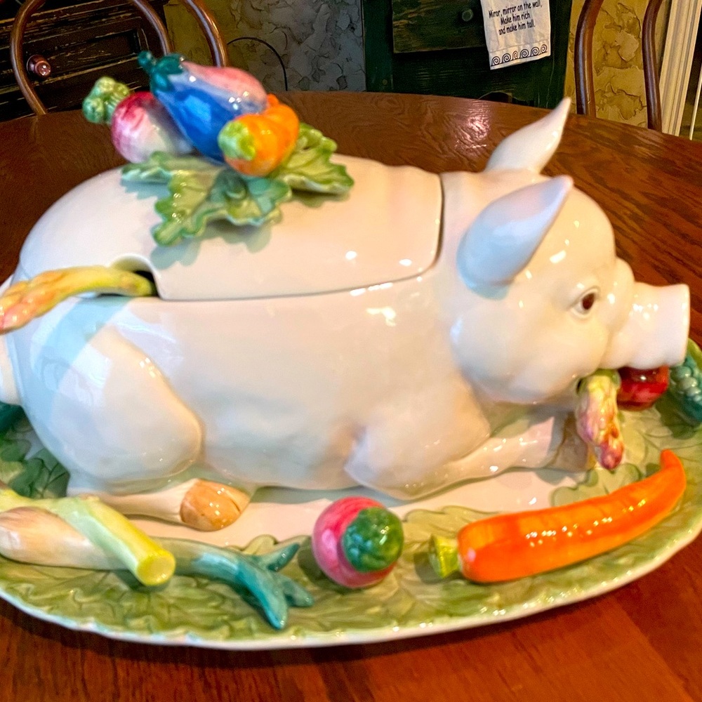 21st Century Fitz & Floyd “French Market” Pig Soup Tureen & Platter- 4 Pieces